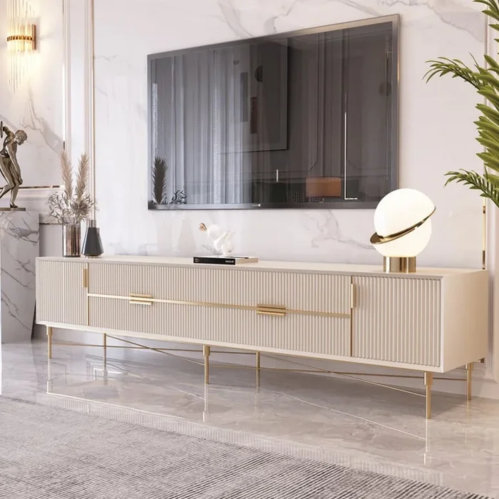 86.6″ Rectangle Off White TV Stand Media Console for 85″ TV with 4 Drawers & Doors