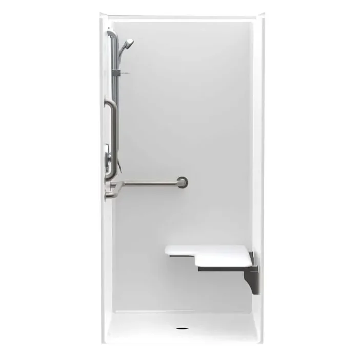Accessible AcrylX 36 in. x 36 in. x 75 in. 1-Piece Shower Stall w/ Right Seat and Grab Bars in White