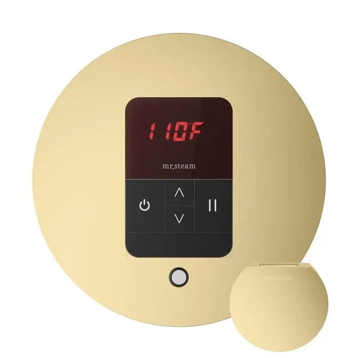 Basic Butler Steam Shower Control Package with Round iTempo Control and Steamhead in Satin Brass
