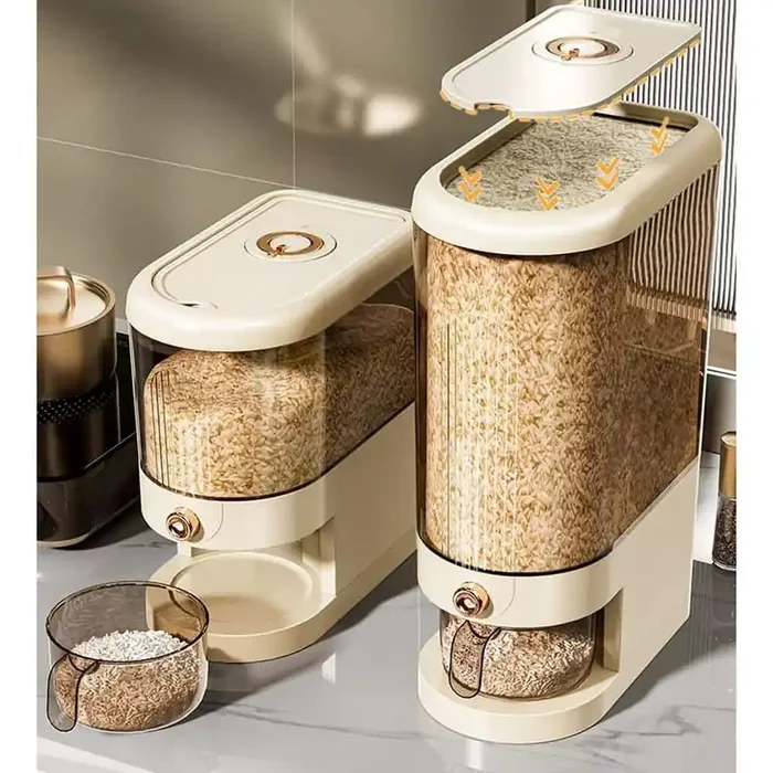 Beige 352 oz Large Grain Container Storage with Lid Measuring Cylinder Household Cereal Dispenser Bucket for Rice