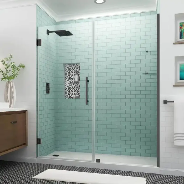 Belmore GS 66.25 in. to 67.25 in. x 72 in. Frameless Hinged Shower Door with Glass Shelves in Oil Rubbed Bronze