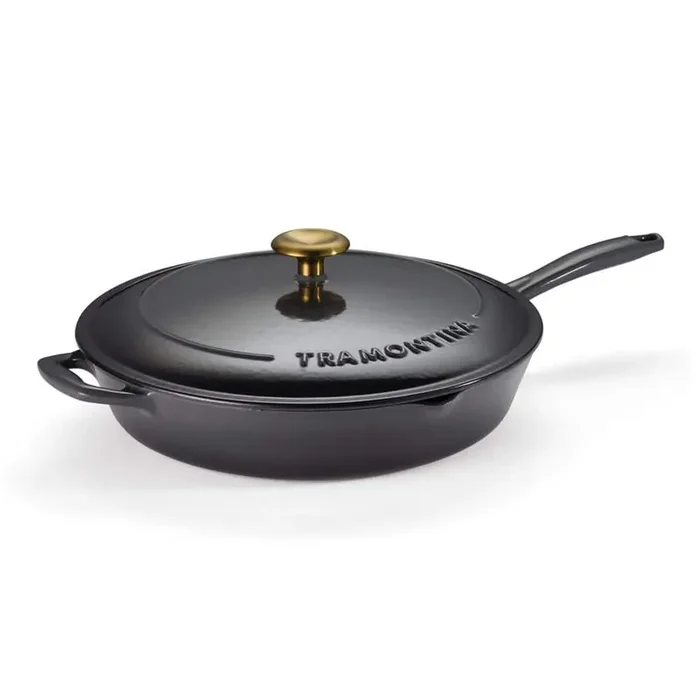 Bestow 12 in. Enameled Covered Cast Iron Skillet-Smoke with Gold Stainless Steel Knob