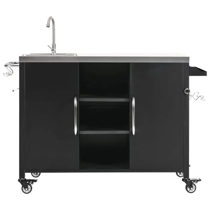 Black 55.5 in. Metal Kitchen Cart on Wheels with 304 Stainless Steel Sink
