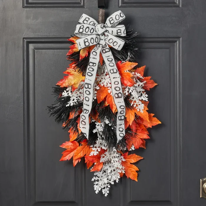Black Pine Needle & Orange Maple Leaf Teardrop Halloween Swag with Hand Tied “BOO” Bow