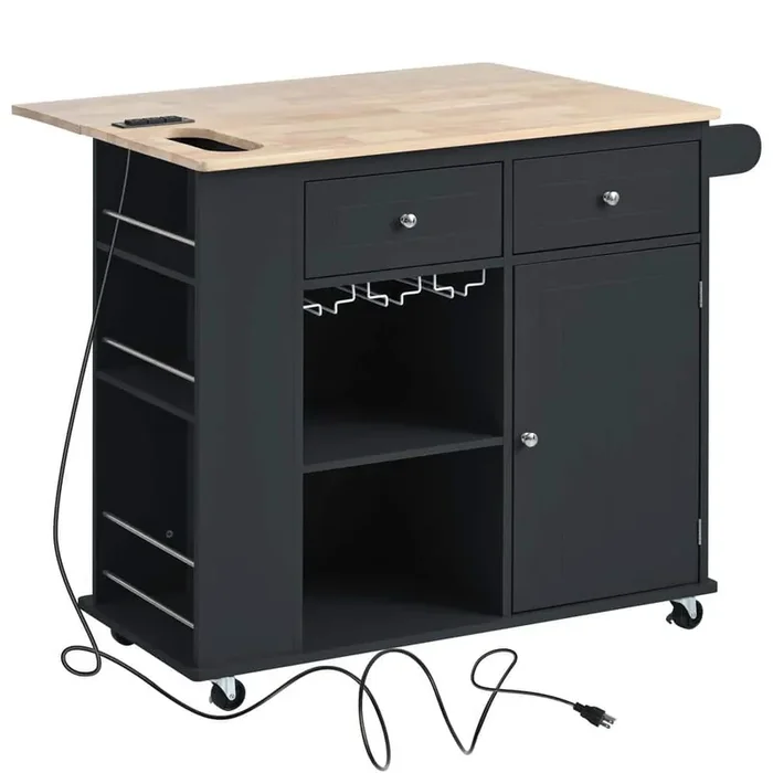 Black Rubber Wood Kitchen Cart with Drop-Leaf, Power Outlet, 5 Wheels, Open Storage and Wine Rack