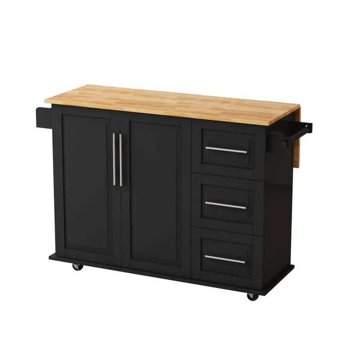Black Solid Wood Table Top 16.93 in. Kitchen Island Cart with 2 Door Cabinet and 3 Drawers Spice Rack Towel Rack