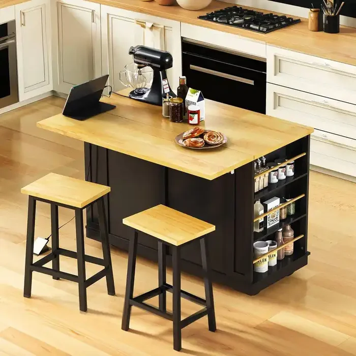 Black Wood 48 in. Kitchen Island with Drop Leaf, 3 Power Outlet and Internal Storage Rack for Kitchen and Dining Room