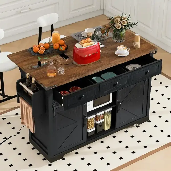 Black Wood 53 in. Kitchen Island with Power Outlet, 2-Sliding Barn Door and Drop Leaf for Kitchen and Dining Room