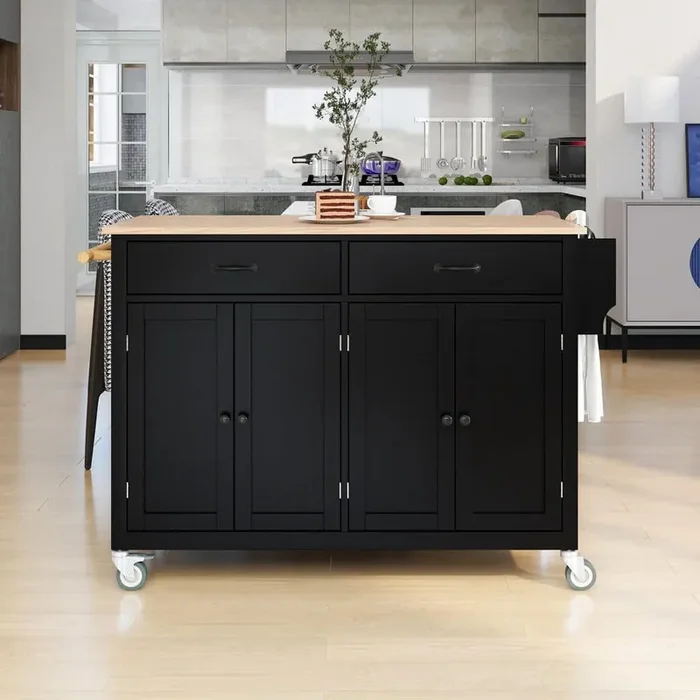 Black Wood 54 in. Kitchen Island with Solid Wood Top, Locking Wheels, 4-Door Cabinet and 2-Drawers for Kitchen Room