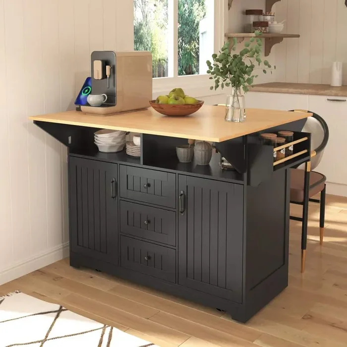 Black Wood 56 in. Kitchen Island with Drawers 56 in. Large Kitchen Island with Drop Leaf Rolling KitchenCart on 5-Wheels