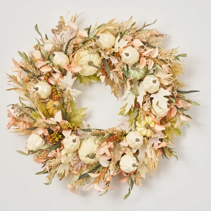 Blushing Autumn – Mixed Cream Pumpkin & Gourds, Neutral Tone Maple Leaf & Faux Husk Fall Front Door Wreath