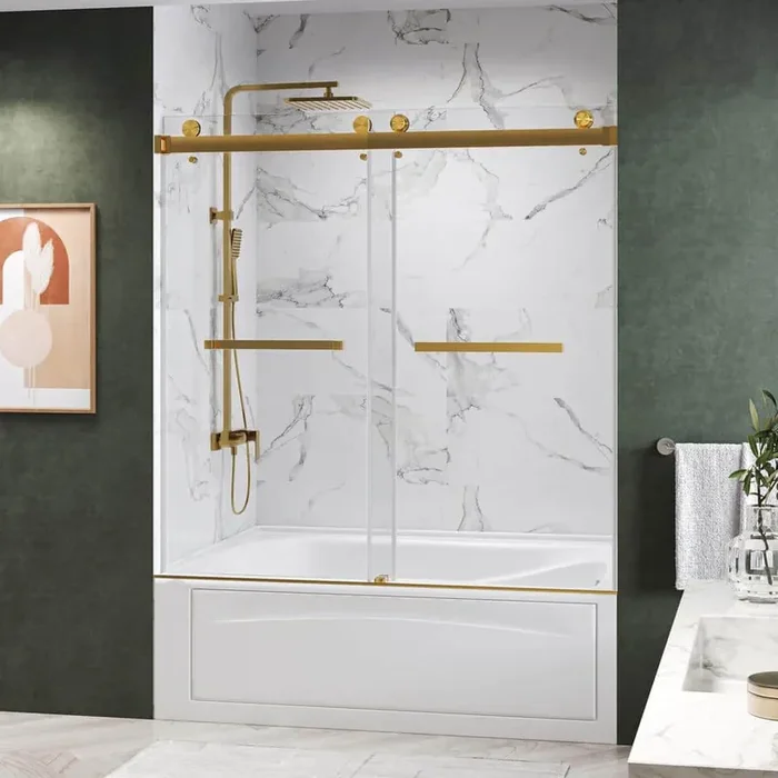 Catalyst 60 in. W x 72 in. H Double Sliding Frameless Tub Door in Brushed Gold with 3/8 in. Clear Glass