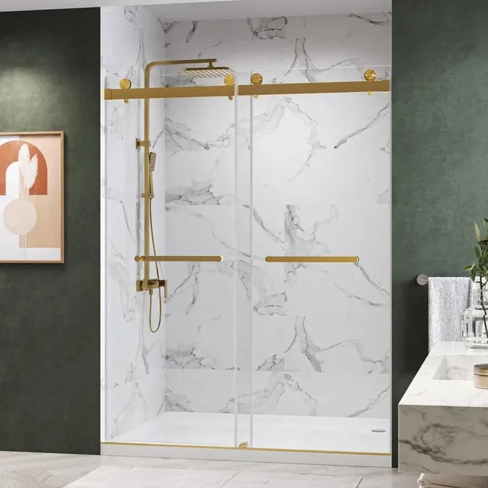 Catalyst-Plus 72 in. W x 76 in. H Sliding Frameless Shower Door in Brushed Gold with Soft Closing and 3/8″ Clear Glass
