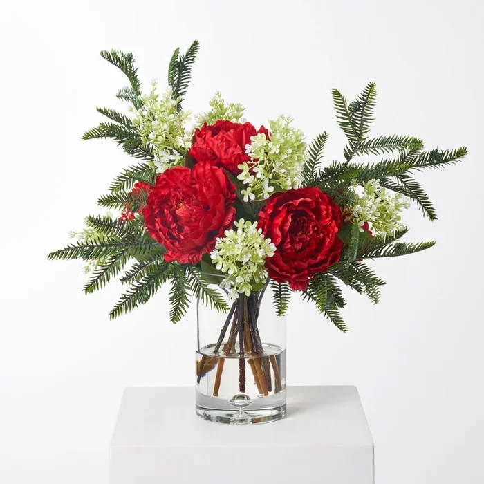 Christmas Red Peony, Green Seeded Hydrangea & Fraser Fir Branches Holiday Water Illusion Centerpiece Arrangement