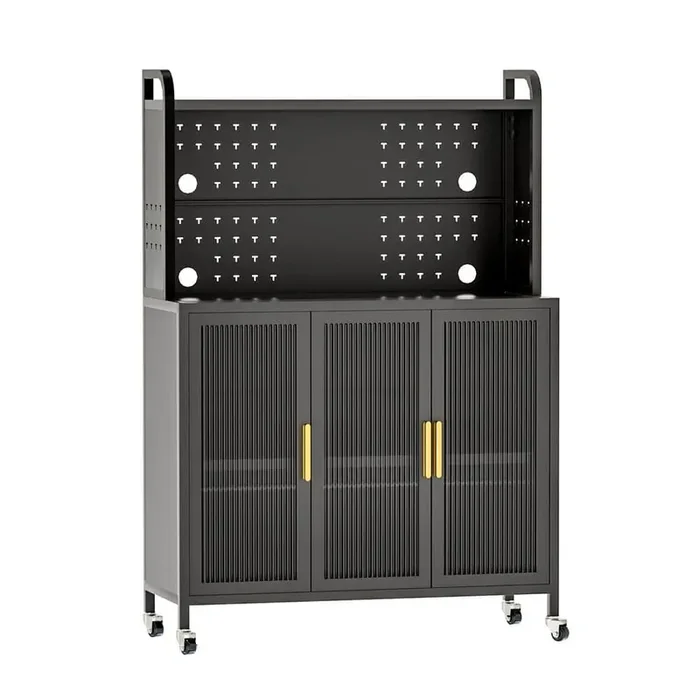 Dark Grey Carbon Steel Microwave Cart, Kitchen Storage Cabinet Bakers Rack with Transparent Doors & Versatile Pegboard