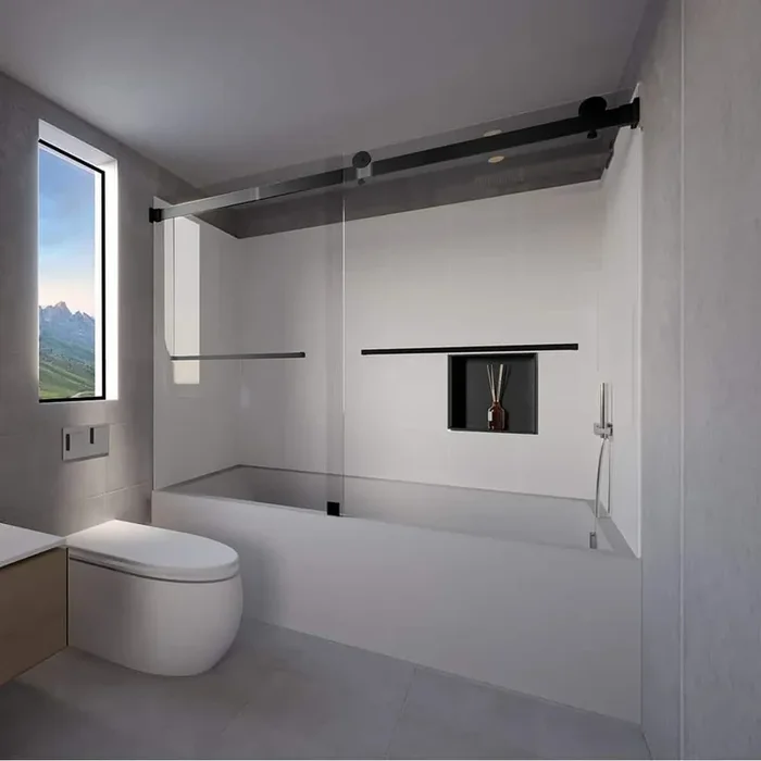 Dove Grey-Tetherow 60 in. L x 36 in. W x 83 in. H Rectangular Tub/Shower Combo Unit in Matte Black Right Drain