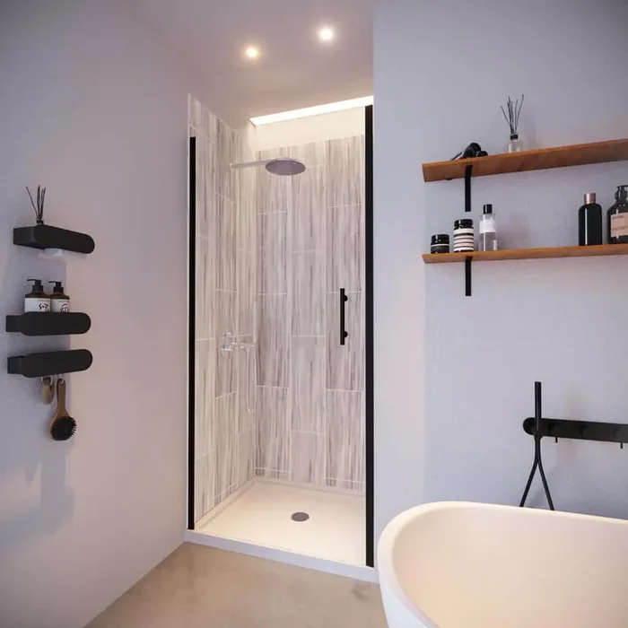 Driftwood-Presidio 36 in. x 36 in. x 83 in. Base/Wall/Door Square Alcove Shower Stall/Kit Matte Black Center