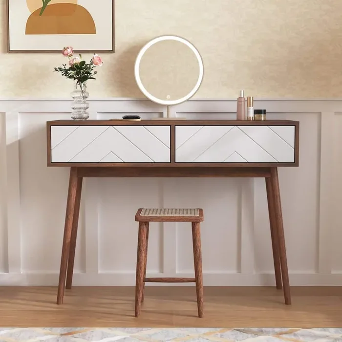Entryway Table with 2 Carved Panel Drawers, Console Table with Storage Space and Wood Legs, Sofa Table in Brown