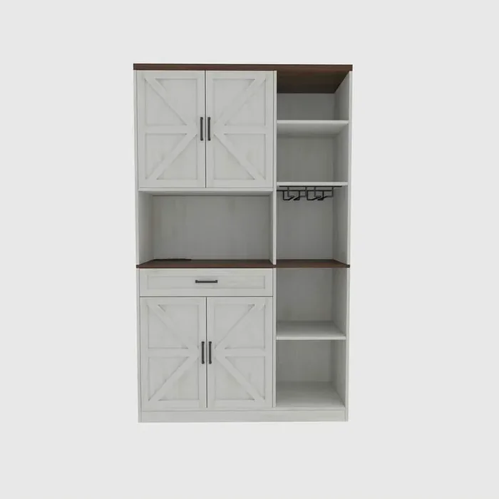 Farmhouse Kitchen Pantry Sideboard with Cabinet and Drawer, Kitchen Buffet with Hutch and Glass Holder in White