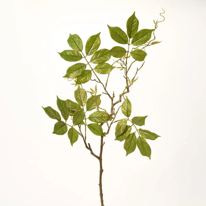 Gold Glitter Green Wisteria Leaf & Twig Branch Spray – 41″