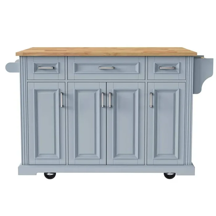 Gray Blue Wood Top 54 in. W Kitchen Island with Rubber Wood Drop Leaf, Kitchen Island with Storage