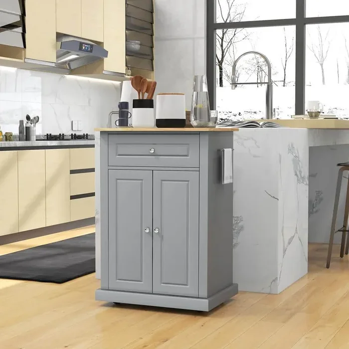 Gray Rolling Kitchen Island Cart, Portable Serving Trolley Table with Drawer, Adjustable Shelf and 2 Towel Racks