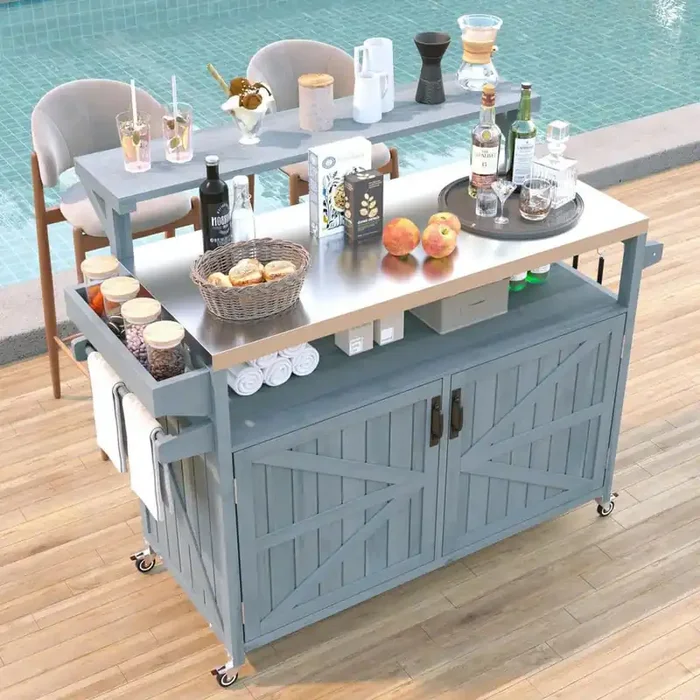 Grey Blue Stainless Steel Top 53.3 in. Outdoor Kitchen Island Grill Cart with Raised Shelf and Internal Storage Rack