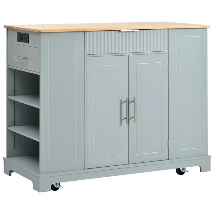 Grey Blue Wood 48.5 in. W Kitchen Island with Trash Can, Power Outlet, 3 Drawer, 3 Open Side Racks