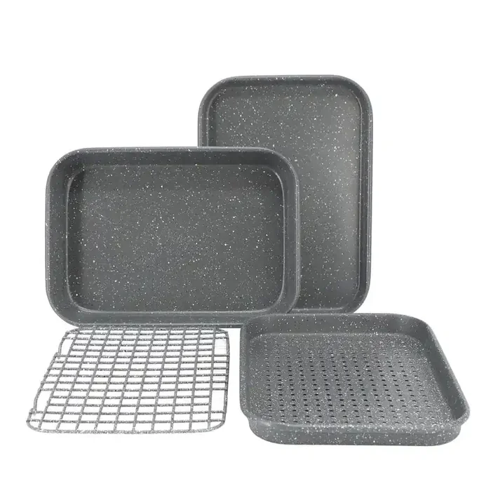 Greystone 4 Piece Nonstick Carbon Steel Toaster Oven Bakeware Set in Speckled Grey