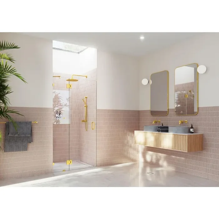 Halo 37.75 in. W x 78 in. H Glass Hinged Frameless Shower Door in Satin Brass with Clear Glass