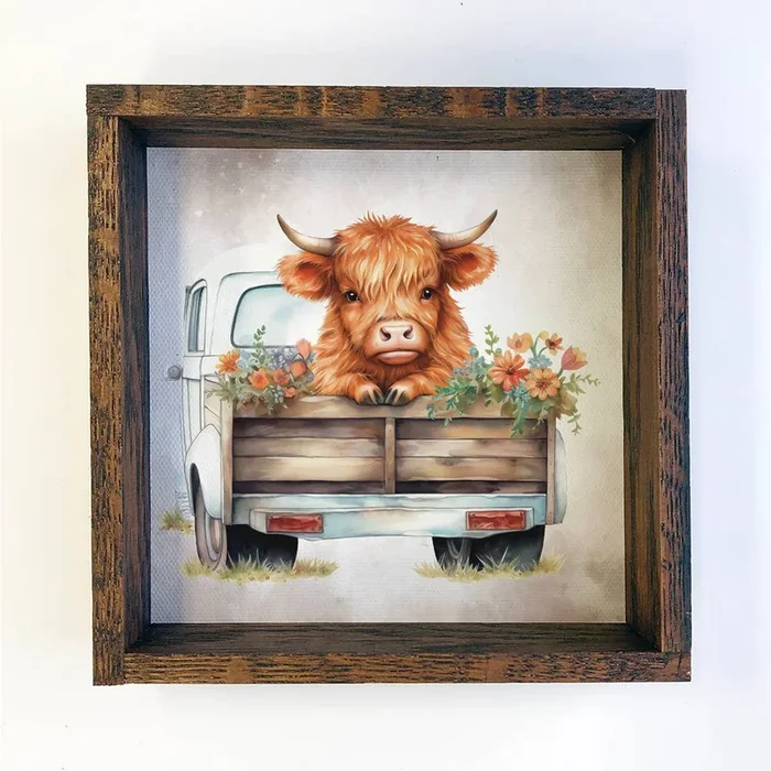 Highland Cow and Flowers in Truck – Cute Farm Animal Art