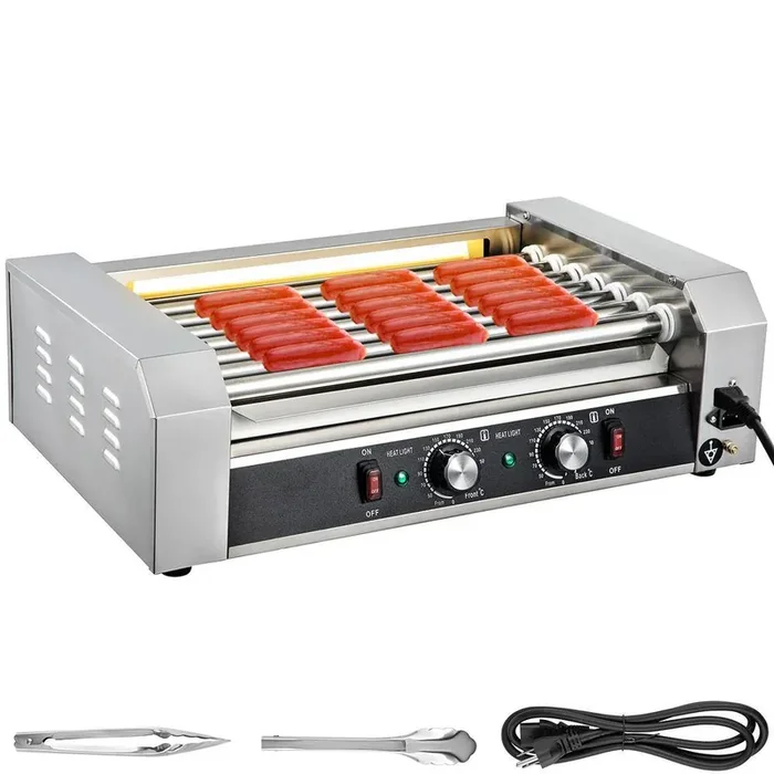 Hot Dog Roller 18 Capacity 7 Rollers, Indoor Grill 1,050 W Stainless Steel Cooker with Temp Control LED Light, Silver
