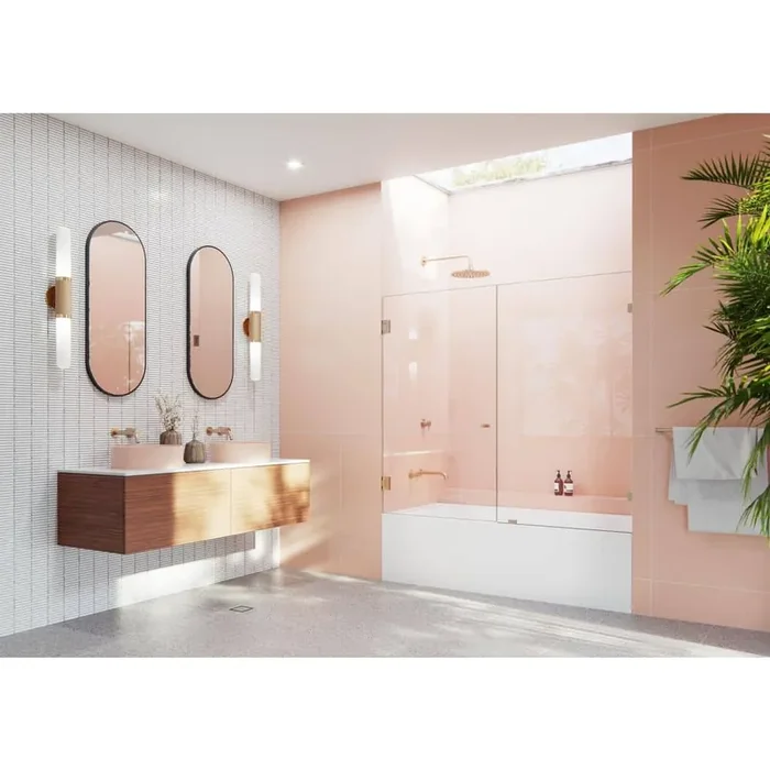 Illume 65.25 in. W x 58.25 in. H Wall Hinged Frameless Tub Door in Brushed Bronze with Clear Glass