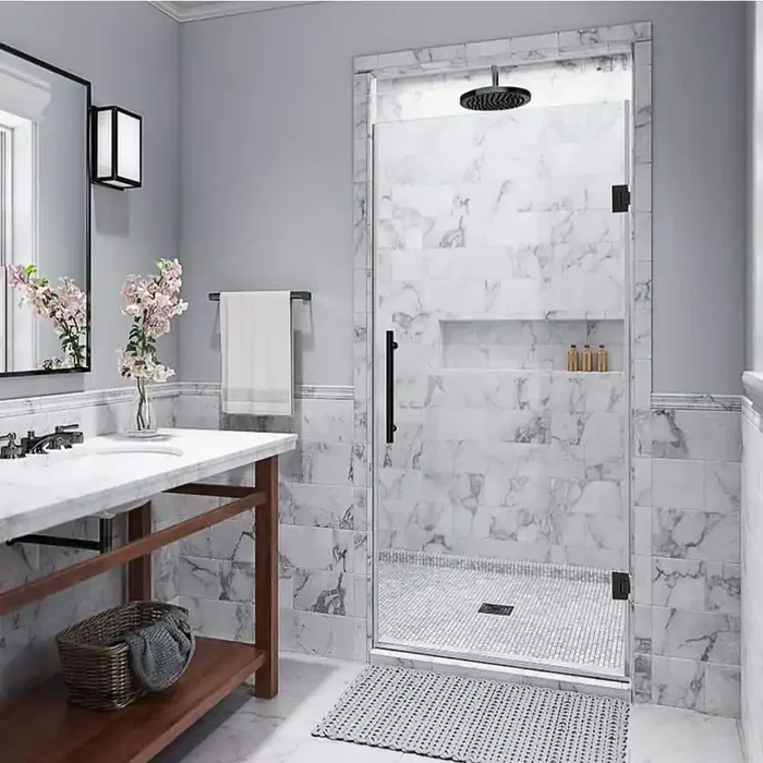 Kinkade 32.75 – 33.25 in. W x 72 in. H Frameless Hinged Shower Door with StarCast Clear Glass in Oil Rubbed Bronze
