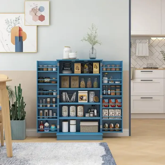 Kitchen Pantry Storage Blue Cabinet w/ 5-tier Shelving, 12-Spice Racks