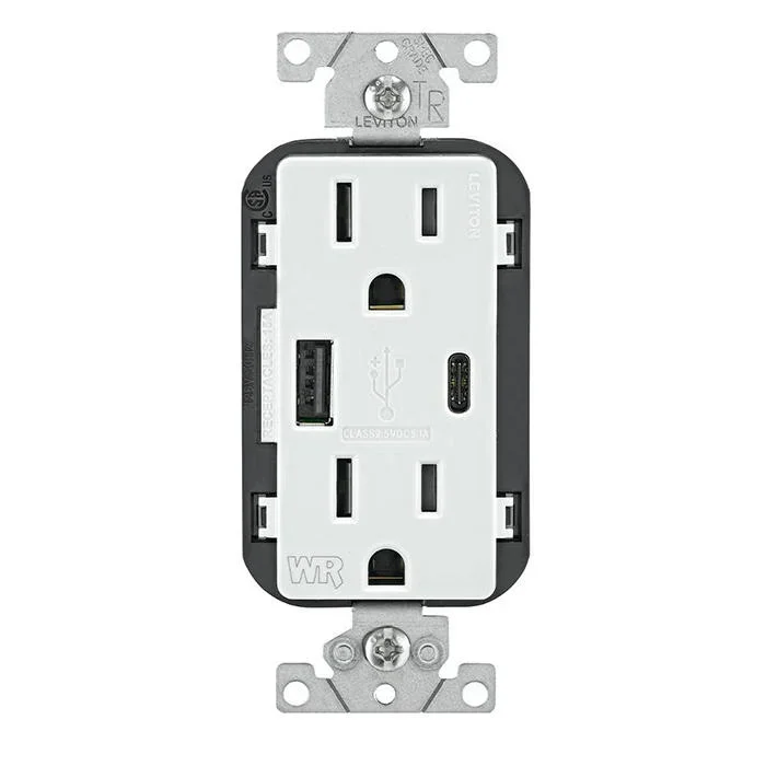 Leviton 15A Weather-Resistant USB Receptacle With Type A/Type C Ports 125V White (W5633-W)