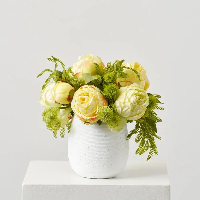 Lifelike Yellow & Green Peony with Thistle Ball & Fern in Textured White Cement Pot Everyday Centerpiece Arrangement