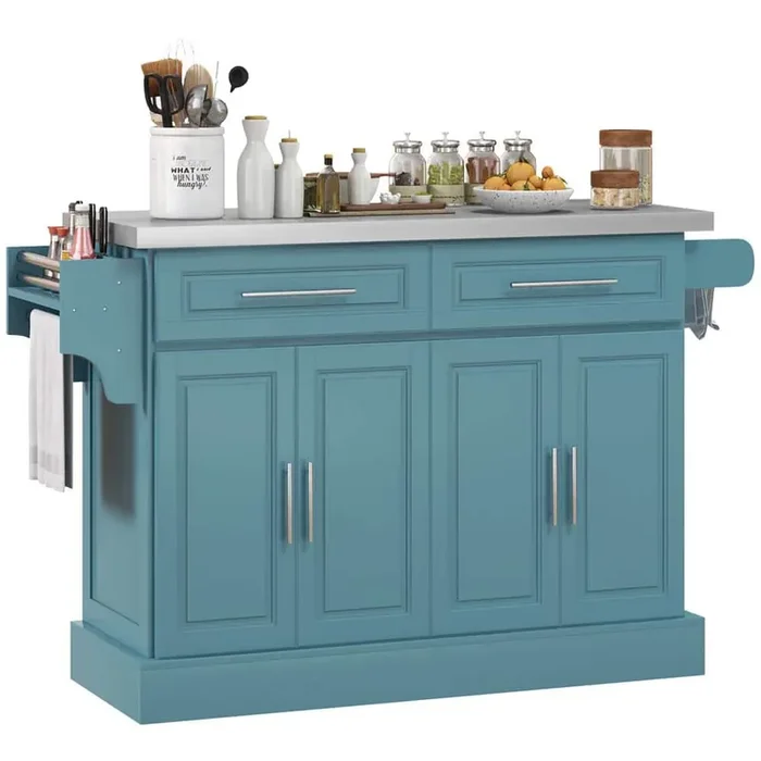 Light Blue Metal Top 57 in. Kitchen Island with Drawers, Cabinets and Wheels