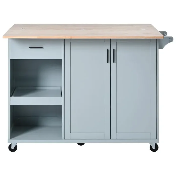 Light Blue Wood 49 in. Kitchen Island with 5 Wheels, 2 Drop Leaf, 3 Drawers, Towel Rack, 3 Storage Compartments