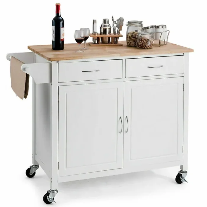 Modern White Kitchen Cart with Natural Wood Top