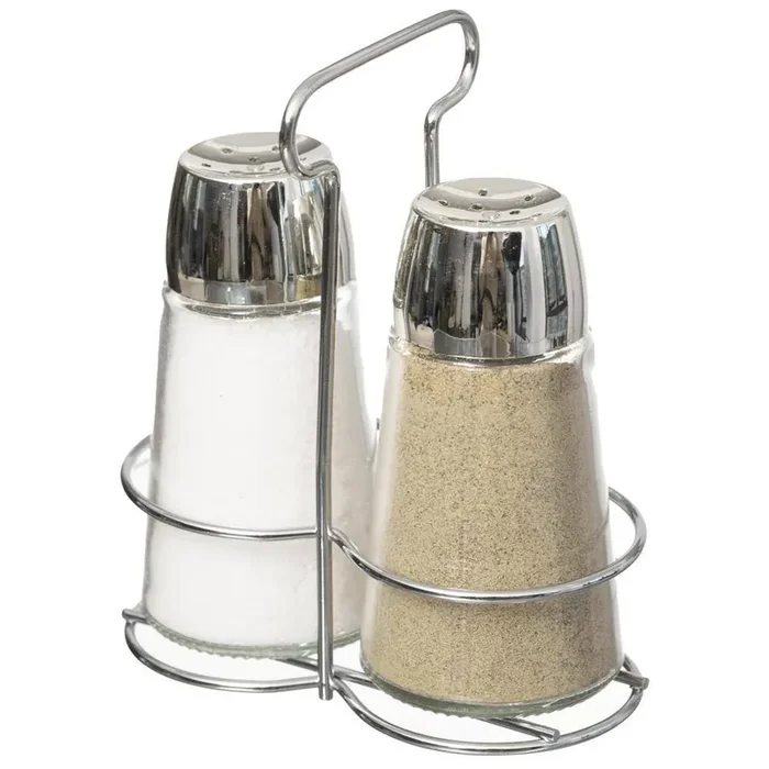 Multifunctional Glass Salt and Pepper Shaker Set with Stainless Steel Holder – Perfect for Kitchen Counters.