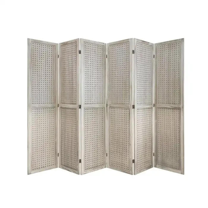 Natural Wood 5.6 ft. 6-Panel Room Divider Freestanding Pegboard Display Home Wall Organizer