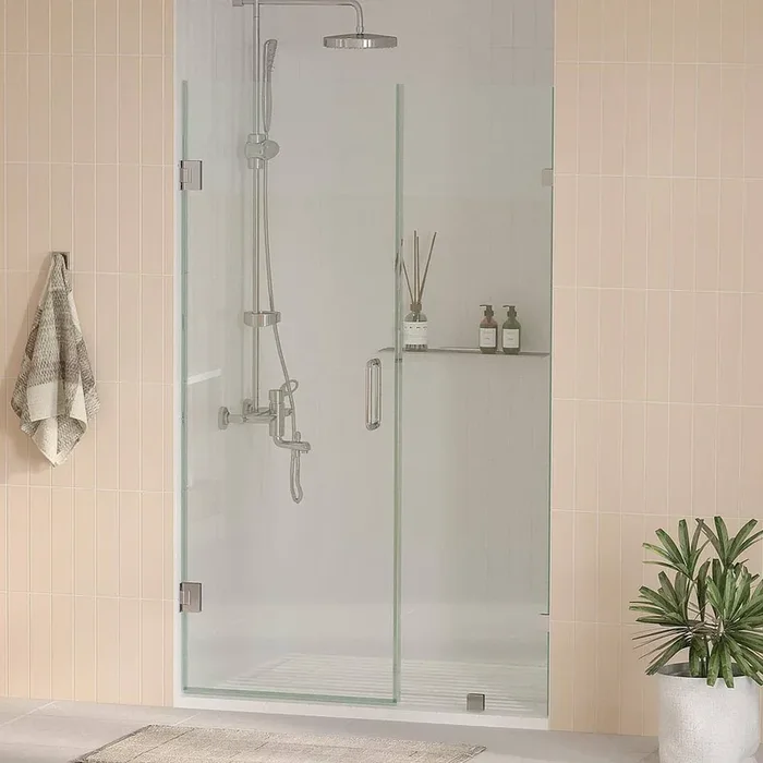Nirvana 65.5 in. W x 76 in. H Frameless Pivot Hinged Shower Door in Chrome with 3/8 in. Clear Glass