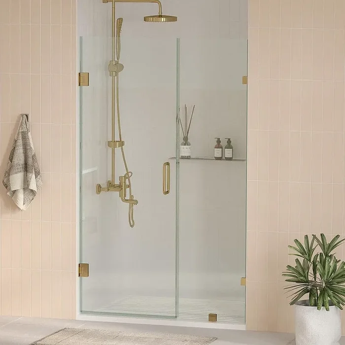 Nirvana 68 in. W x 76 in. H Frameless Pivot Hinged Shower Door in Brushed Gold with 3/8 in. Clear Glass