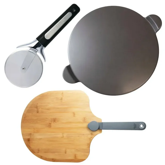 Old Stone 15 in. Glazed Pizza Stone, 16 in. Bamboo Peel and Pizza Cutter Set