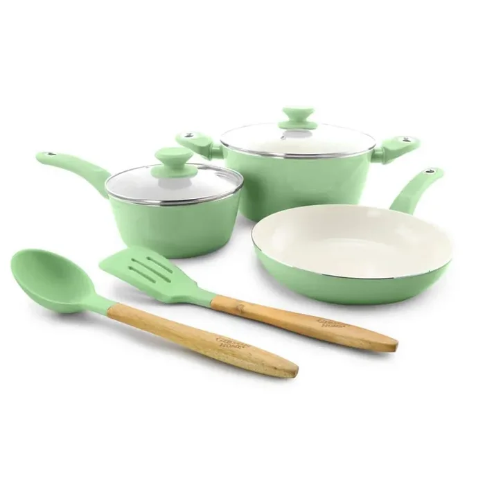 Plaza Cafe 7-Piece Aluminum Nonstick Cookware Set in Mint