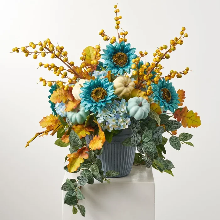 Pumpkins by the Sea – Turquoise Sunflower, Blue Hydrangea, Gold Berry & Fall Oak Leaf Urn Filler Arrangement