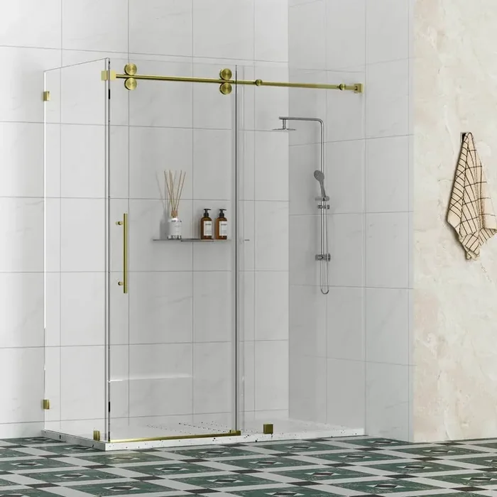 Radiance 48 in. W x 38 in. D x 76 in. H Sliding Frameless Corner Shower Enclosure in Brushed Gold with Clear Glass