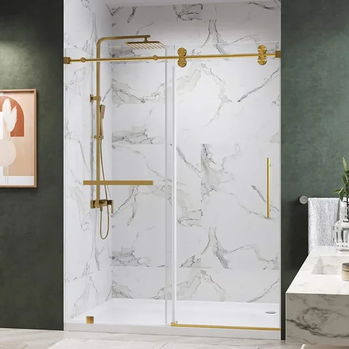 Radiance 54 in. W x 76 in. H Single Sliding Frameless Shower Door in Brushed Gold Towel Bar with 3/8 in. Clear Glass
