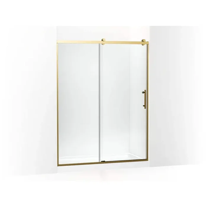 Rely 60 in. W x 77 in. H Sliding Semi Frameless Shower Door in Brass Finish with Clear Glass